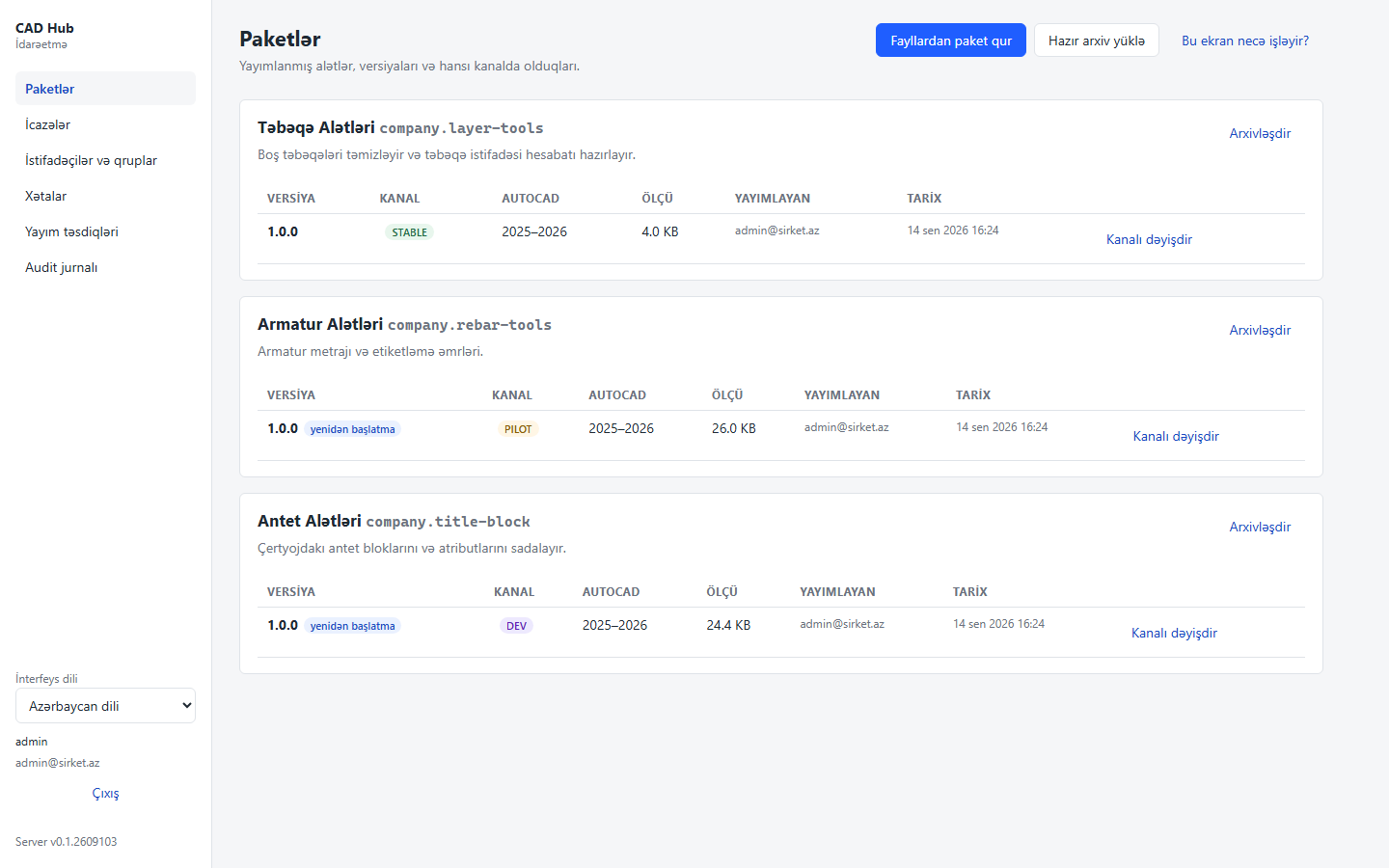 YPCad Hub idarəetmə panelinin «Paketlər» ekranı: üç paket, versiyaları, STABLE/PILOT/DEV kanal nişanları, dərc edən şəxs və tarix.